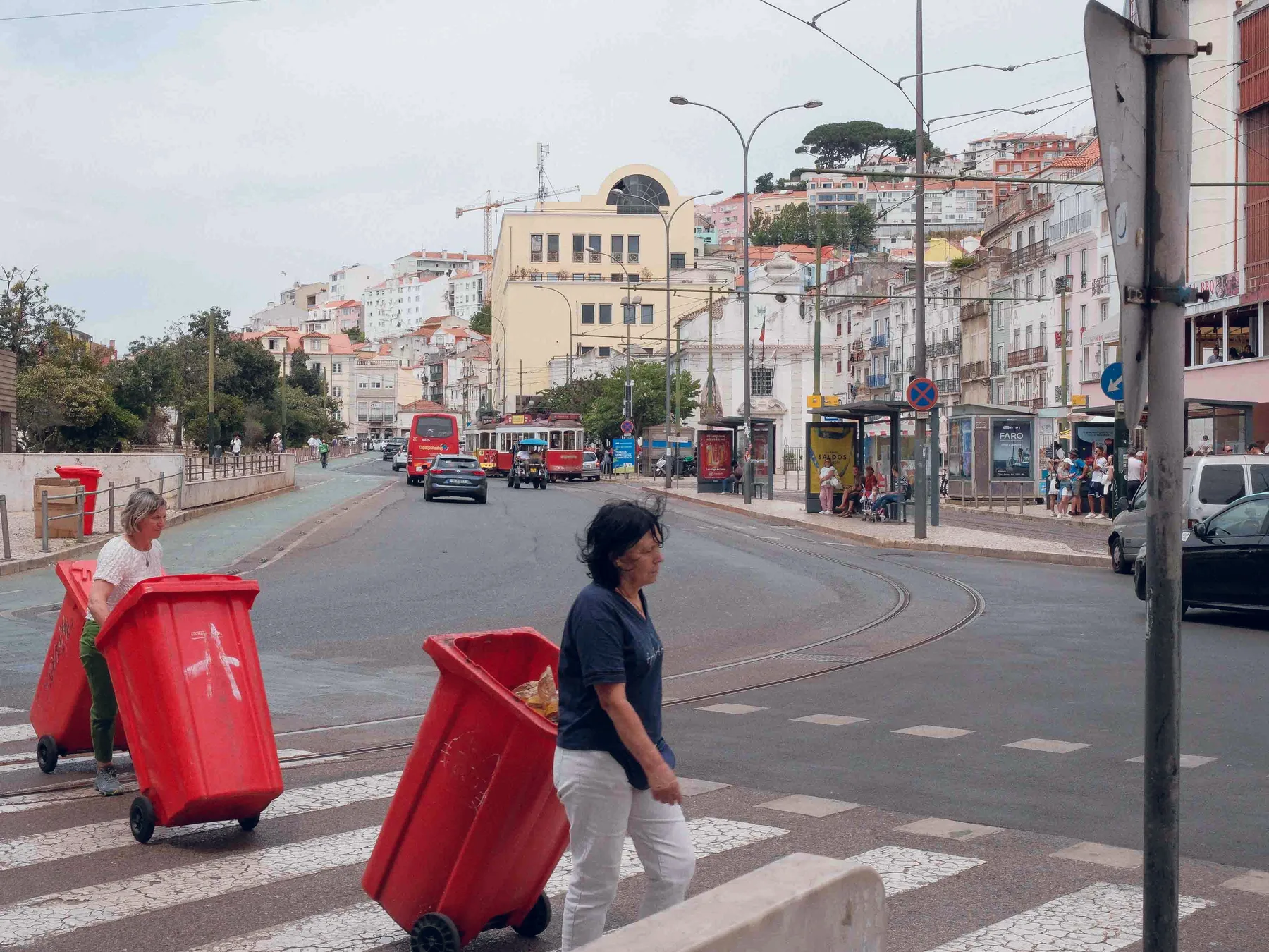 Red bins on a crossing